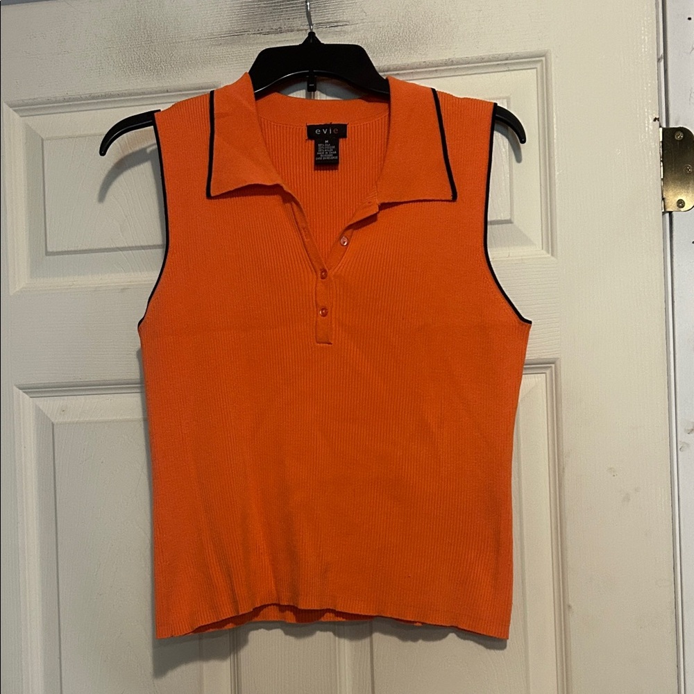Evie Orange Ribbed Sleeveless Polo Shirt Sweater Black Trim Size Medium Orange